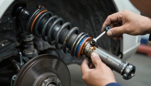 amortisseur usé avec traces d'huile et corrosion en garage