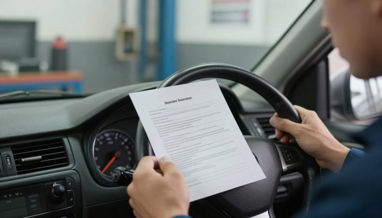 tableau de bord de voiture avec mains tenant un document d'assurance