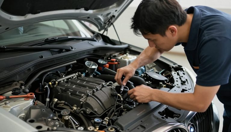 voiture immatriculée garée en garage avec mains mécaniques visibles