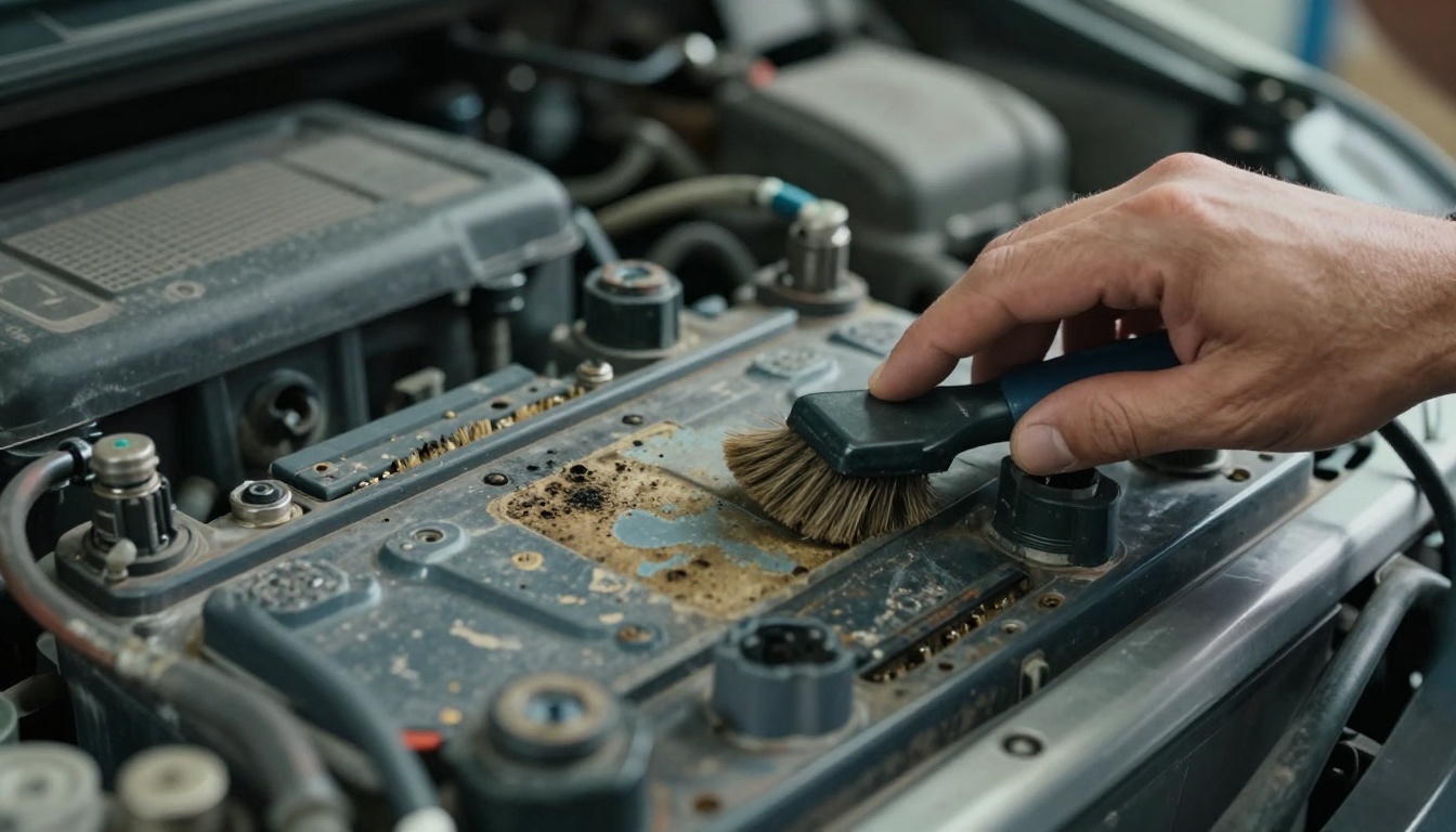 batterie voiture avec corrosion et main de mécanicien nettoyant