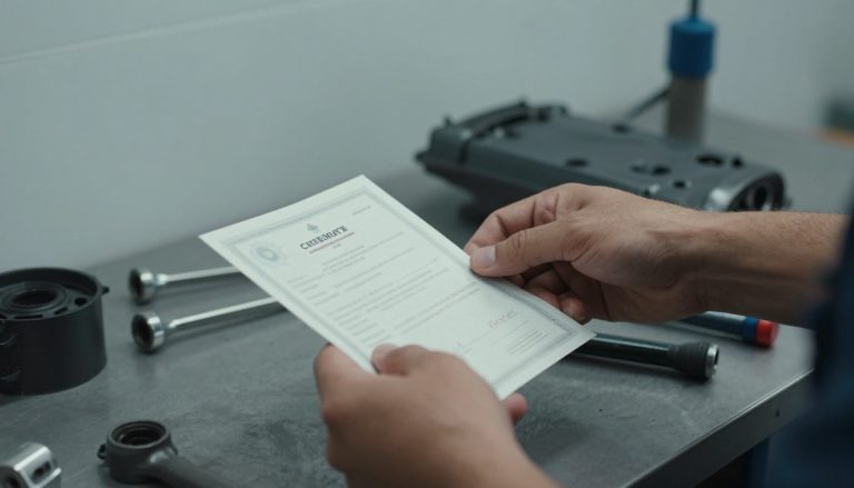 mains de mécanicien tenant un certificat de conformité voiture