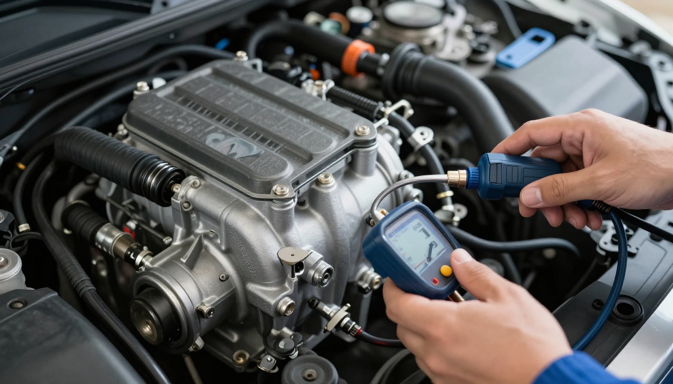 mécanicien diagnostiquant compresseur climatisation voiture