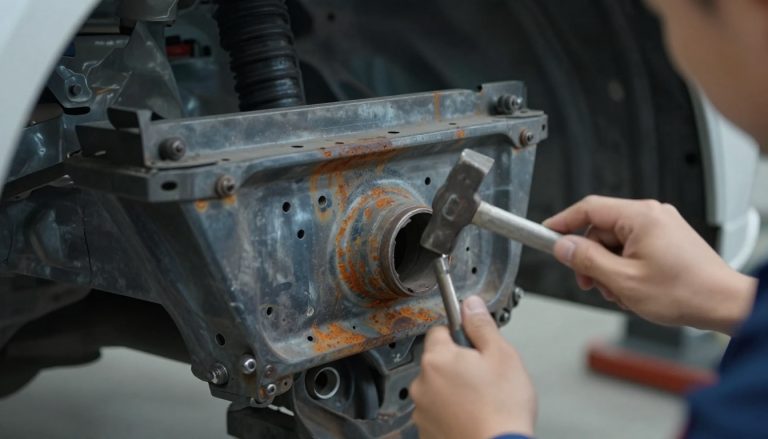corrosion du berceau métallique rouillé sous une voiture en garage