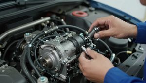 mécanicien retirant un démarreur de voiture en garage authentique