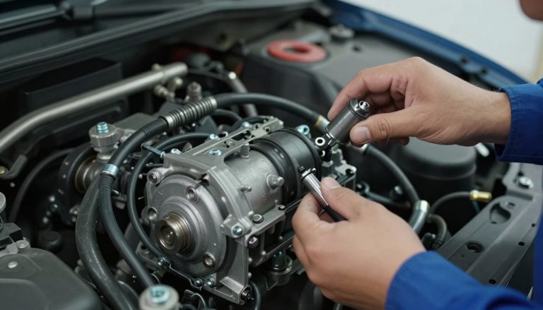 mécanicien retirant un démarreur de voiture en garage authentique