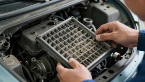 filtre habitacle sale retiré du compartiment d'une voiture