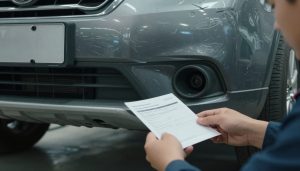 dégâts voiture et mains mécanicien sur document assurance