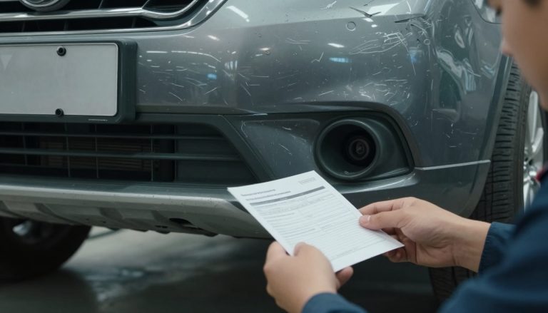 dégâts voiture et mains mécanicien sur document assurance