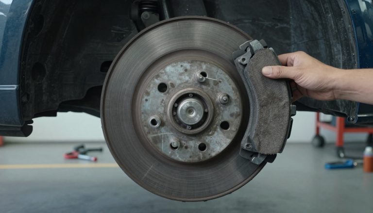 gros plan sur plaquette de frein usée et disque rayé Renault Clio