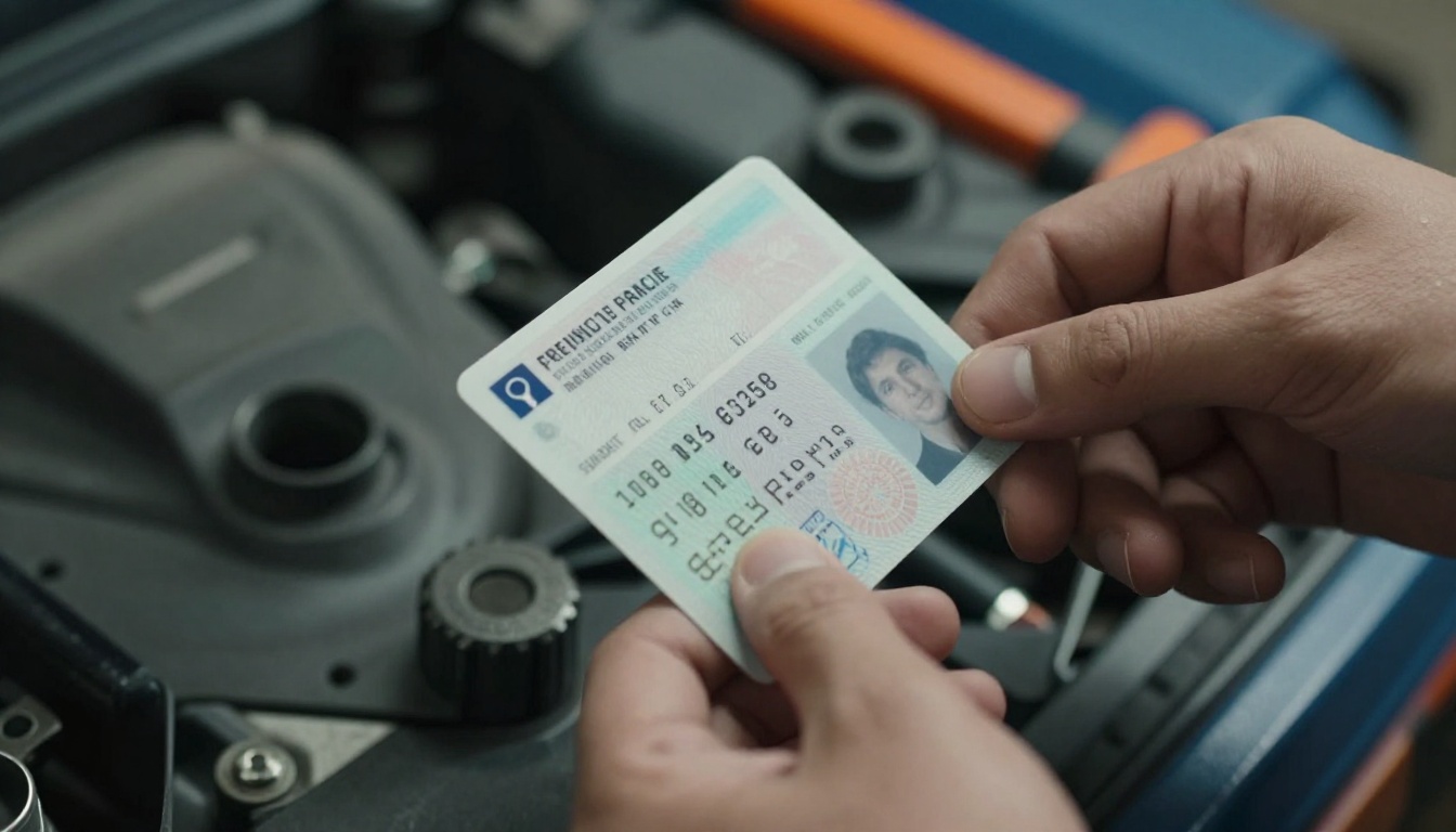 mains tenant un permis de conduire français moderne en garage
