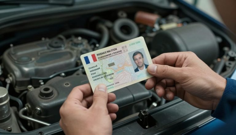 mains d'un mécanicien tenant un permis de conduire usé