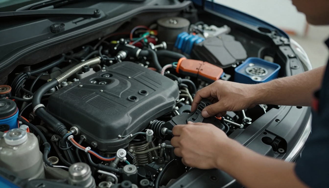 mains de mécanicien travaillant sur un moteur hybride Toyota