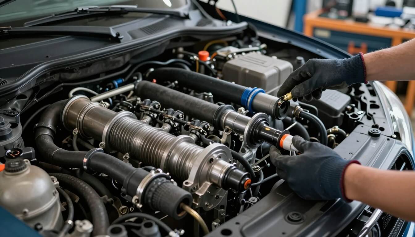 mécanicien inspectant composants antipollution moteur Peugeot 308