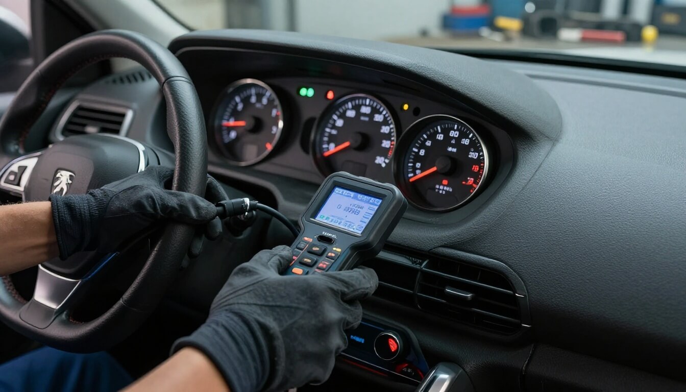 tableau de bord Peugeot 308 voyant antipollution avec valise diagnostic