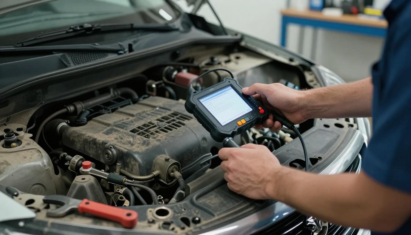 mécanicien utilisant valise diagnostic OBD2 sur moteur Peugeot 308